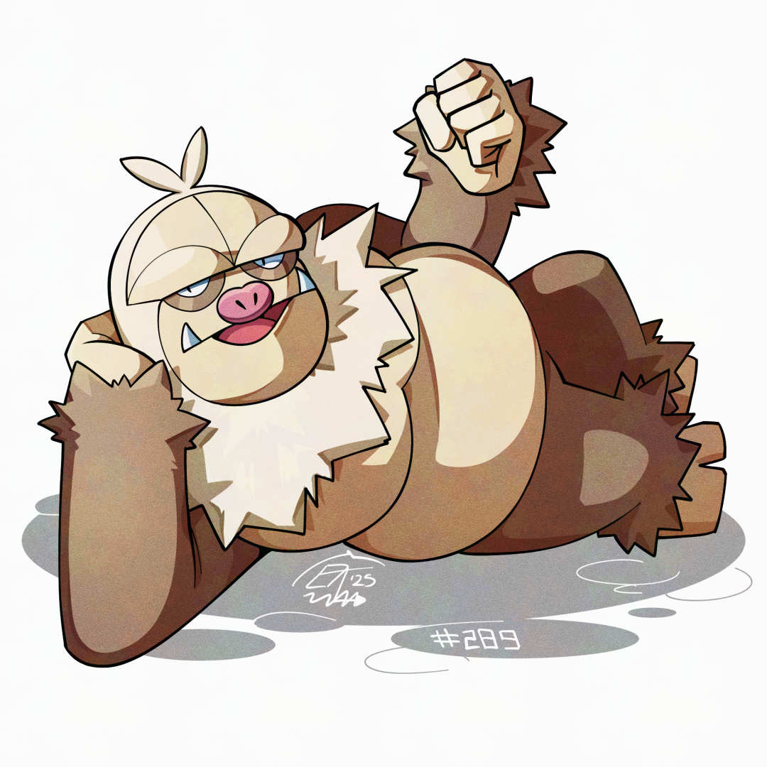 mistray-art, slaking, nintendo, pokemon, brown fur, clenched hand, full body, gen 3 pokemon, looking at viewer, lying, numbered, on side, pokemon (creature), signature, simple background, solo, white background