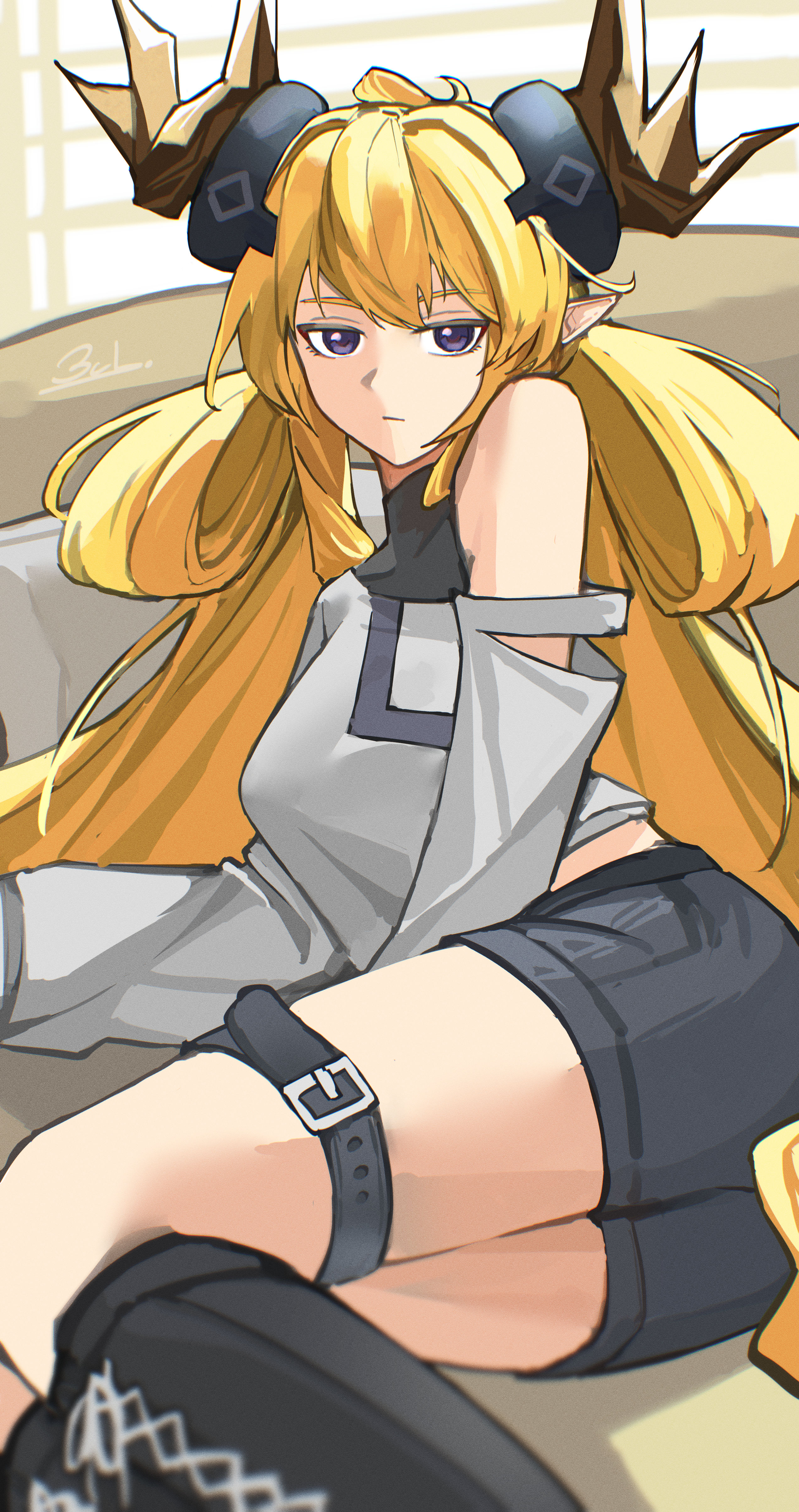 yagi000, leizi (arknights), leizi the thunderbringer (arknights), arknights, absurdres, highres, 1girl, ahoge, alternate costume, arm support, bare shoulders, belt, black boots, black shirt, black shorts, blonde hair, boots, breasts, casual, closed mouth, couch, dragon horns, grey shirt, horns, indoors, lace-up boots, large breasts, long hair, looking at viewer, lying, off shoulder, on couch, on side, pointy ears, purple eyes, shirt, shorts, single-shoulder shirt, sleeveless, sleeveless shirt, solo, thigh belt, thigh strap, thighs, undershirt