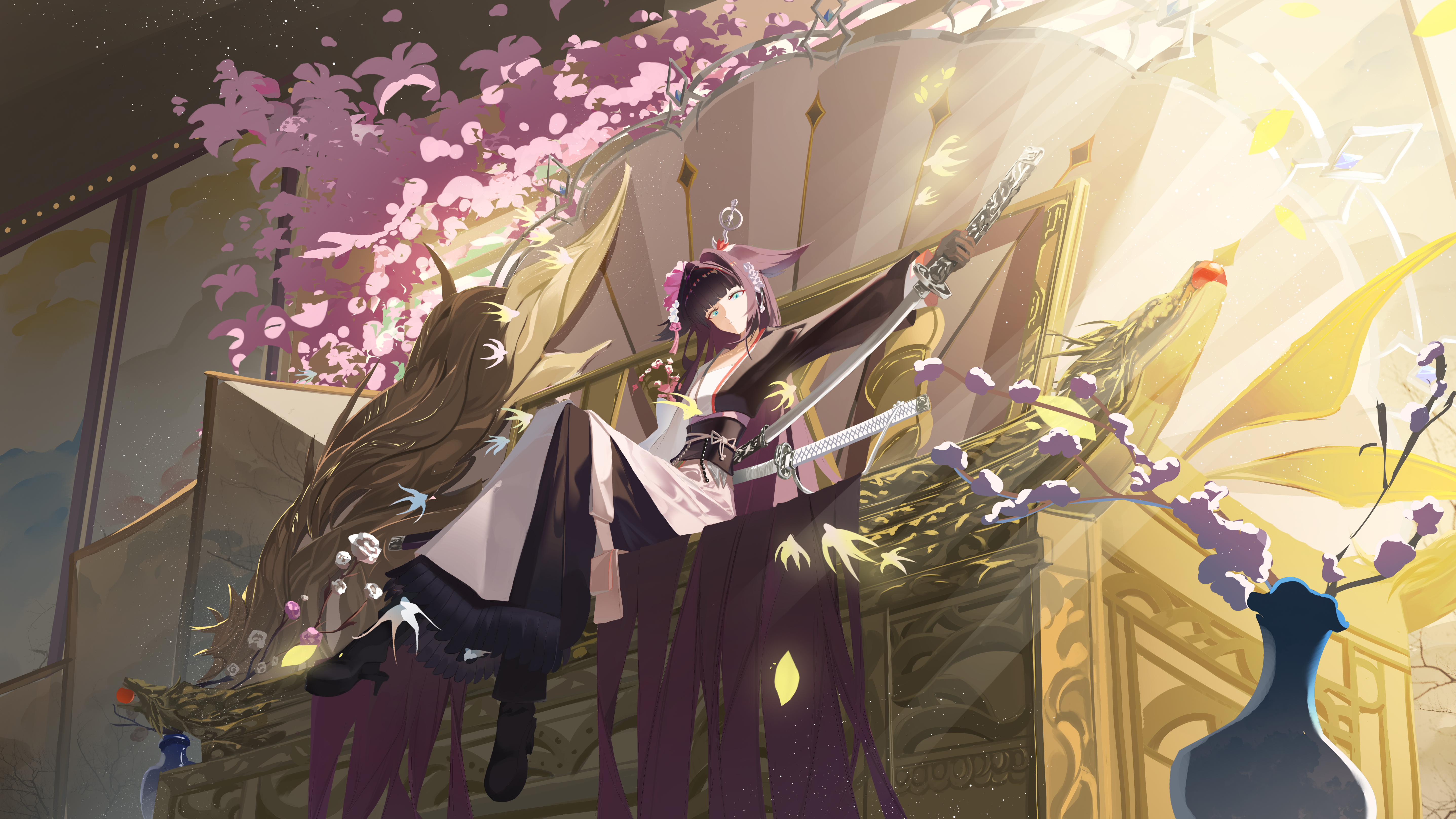 ktl suda, mio (arknights), arknights, absurdres, commentary request, highres, 1girl, absurdly long hair, animal ears, black gloves, black shoes, blunt bangs, crossed legs, dress, expressionless, flower, from below, full body, gloves, hair intakes, high heels, holding, holding sword, holding weapon, indoors, long dress, long hair, long sleeves, looking at viewer, looking down, multicolored dress, ornate, outstretched arm, parted lips, pink flower, purple hair, sheath, shoes, sitting, solo, straight hair, sword, two-tone dress, unsheathing, very long hair, weapon