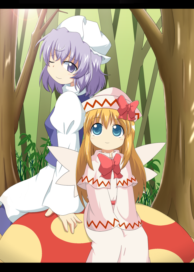 mikan imo, letty whiterock, lily white, touhou, 2girls, blonde hair, blue eyes, bow, female focus, hat, letterboxed, multiple girls, one eye closed, purple eyes, purple hair, ribbon, sitting, wings, wink