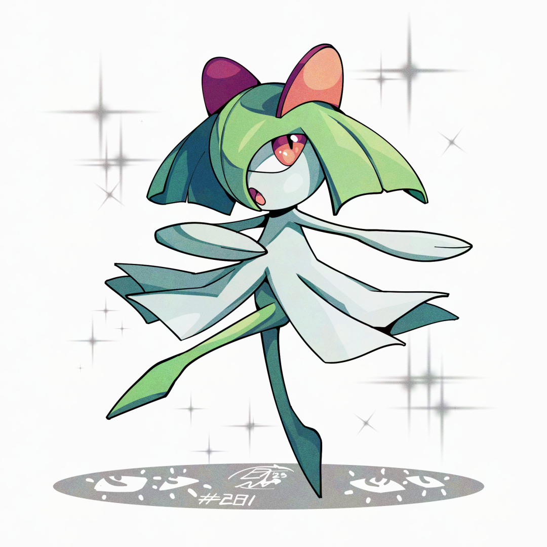 mistray-art, kirlia, nintendo, pokemon, 1girl, full body, gen 3 pokemon, green hair, hair over one eye, numbered, open mouth, pokemon (creature), red eyes, signature, simple background, solo, sparkle, white background