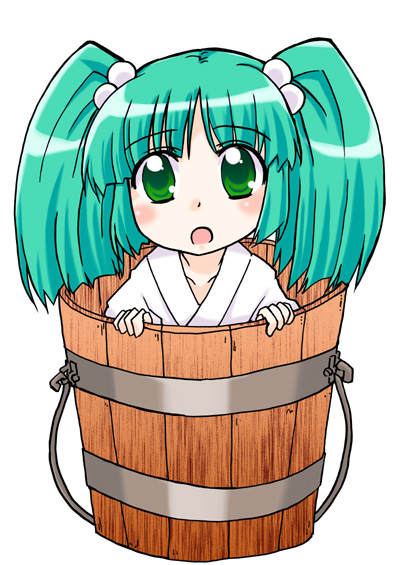 kairakuen umenoka, kisume, touhou, 1girl, bucket, female focus, green eyes, green hair, hair bobbles, hair ornament, in bucket, in container, simple background, solo, twintails, white background