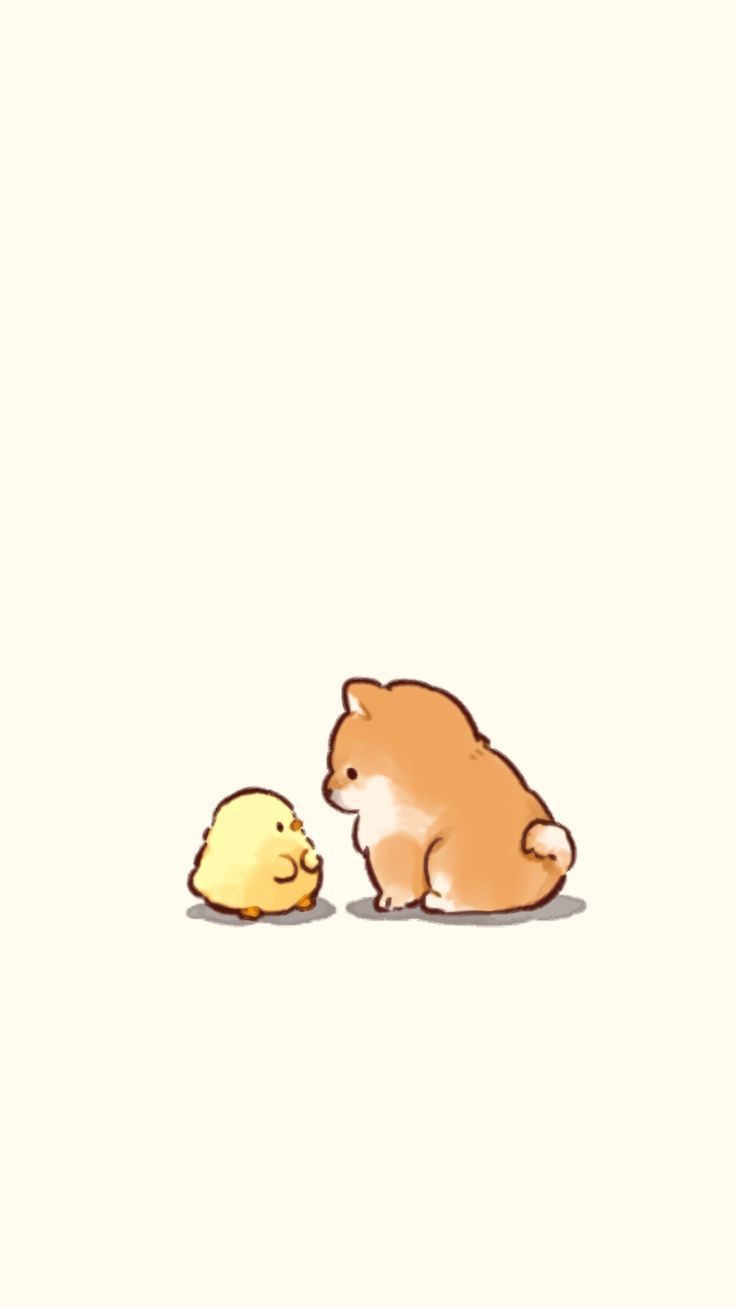 original, artist request, highres, source request, third-party source, animal focus, baby animal, beak, bird, black eyes, chick, dog, eye contact, from side, looking at another, no humans, shadow, simple background, sitting, solid circle eyes, standing, welsh corgi, yellow background