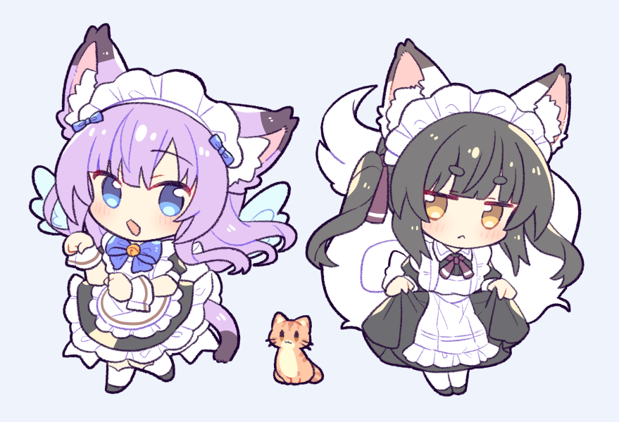 suzuno (suzuno3110), original, 2girls, :<, alternate costume, angel wings, animal ear fluff, animal ears, apron, black dress, black hair, blue bow, blue bowtie, blue eyes, blunt bangs, bow, bowtie, cat, cat ears, cat girl, cat tail, chibi, chibi only, curtsey, dress, enmaided, fox ears, fox girl, fox tail, looking at viewer, maid, maid apron, maid headdress, multiple girls, open mouth, paw pose, purple hair, short eyebrows, simple background, tail, thick eyebrows, twintails, white background, wings, wrist cuffs, yellow eyes