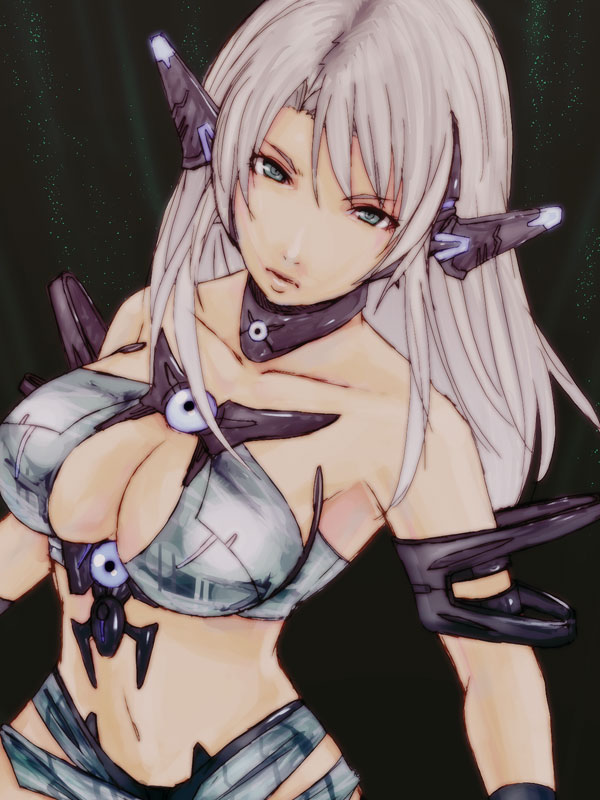 alva, 1girl, blue eyes, breasts, cleavage, cleavage cutout, clothing cutout, female focus, grey hair, large breasts, long hair, solo, white hair