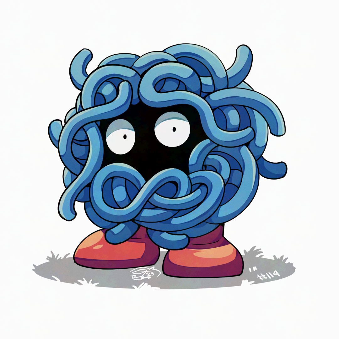 mistray-art, tangela, nintendo, pokemon, full body, gen 1 pokemon, looking at viewer, no humans, numbered, pokemon (creature), signature, simple background, solo, white background