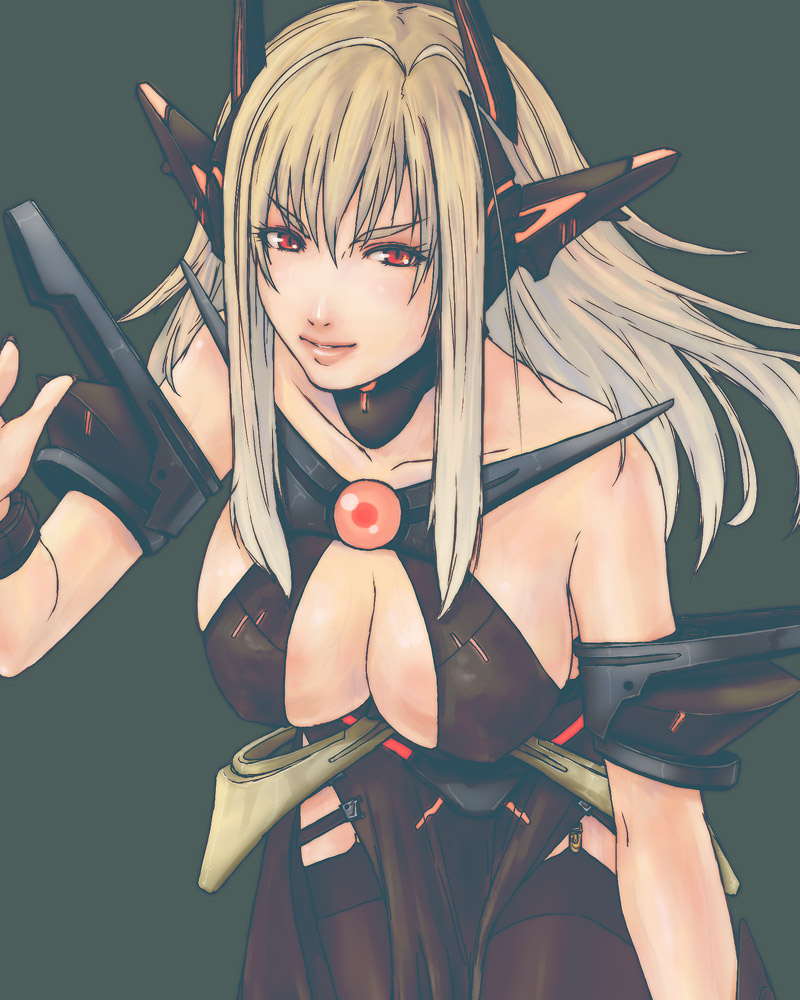 alva, bad id, bad pixiv id, 1girl, bare shoulders, blonde hair, breasts, brown hair, cleavage, female focus, garter straps, large breasts, leaning forward, lips, long hair, looking at viewer, red eyes, simple background, skindentation, smile, solo, thighhighs