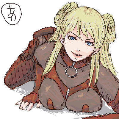 alva, adette kistler, overman king gainer, lowres, 00s, 1girl, blonde hair, blue eyes, bodysuit, breasts, female focus, large breasts, lips, long hair, mole, oekaki, solo