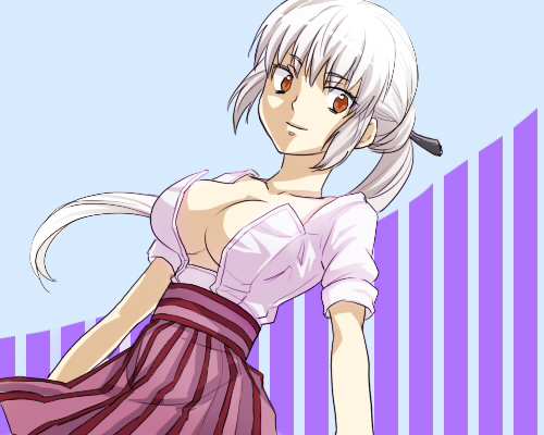 tsubomi fujiko, zettai karen children, lowres, 00s, aged down, breasts, cleavage, large breasts, long hair, open clothes, open shirt, ponytail, red eyes, shirt, solo, white hair