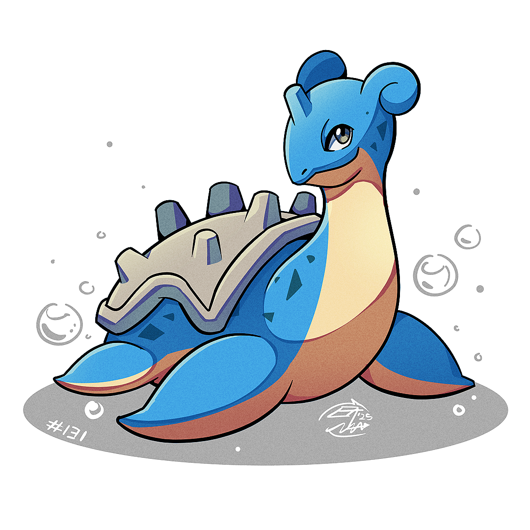 mistray-art, lapras, nintendo, pokemon, bubble, full body, gen 1 pokemon, no humans, numbered, pokemon (creature), signature, simple background, solo, white background