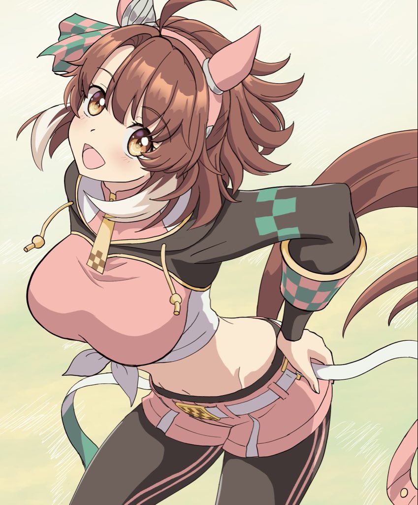 masasim, dantsu flame (umamusume), umamusume, 1girl, ahoge, animal ears, black leggings, black shrug, blush, bow, breasts, brown eyes, brown hair, checkered ribbon, dantsu flame (center spotlight) (umamusume), ear covers, ear ornament, ear ribbon, hair between eyes, hair ornament, hairband, hand on own hip, horse ears, horse girl, horse tail, large breasts, leggings, leggings under shorts, long sleeves, looking at viewer, midriff, multicolored hair, navel, open mouth, pink hairband, pink shirt, pink shorts, shirt, shorts, shrug (clothing), simple background, smile, solo, tail, tied shirt, white hair, white shirt