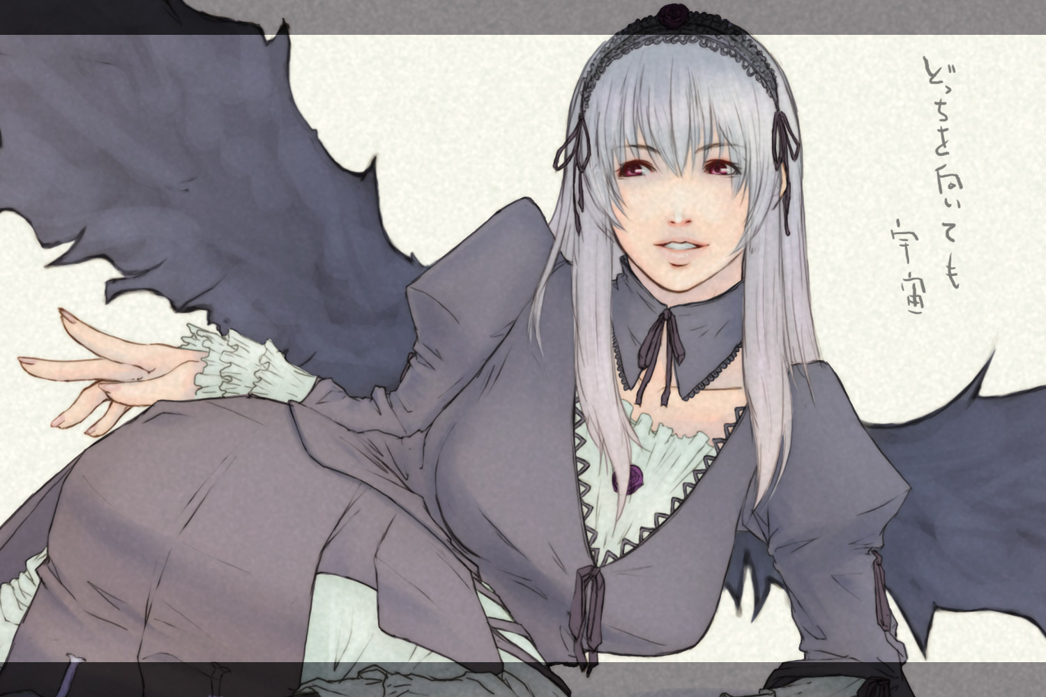 alva, suigintou, rozen maiden, bad id, bad pixiv id, 00s, 1girl, arm support, blue hair, female focus, grey hair, long hair, red eyes, smile, solo, wings