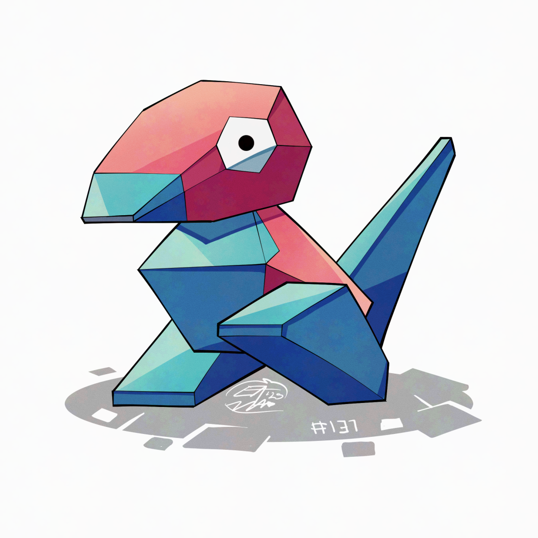 mistray-art, porygon, nintendo, pokemon, full body, gen 1 pokemon, looking at viewer, no humans, numbered, pokemon (creature), signature, simple background, solo, white background