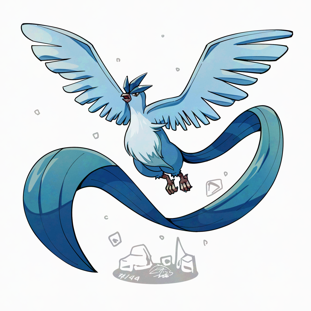 mistray-art, articuno, nintendo, pokemon, beak, bird, blue feathers, feathered wings, feathers, flying, full body, gen 1 pokemon, legendary pokemon, no humans, numbered, pokemon (creature), signature, simple background, solo, white background, wings