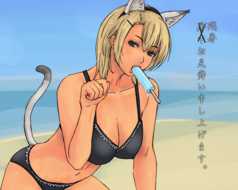 alva, original, translated, 1girl, animal ears, beach, bikini, black bikini, blonde hair, blue eyes, breasts, cat ears, cat tail, cleavage, day, female focus, food, hair ornament, hairpin, large breasts, navel, ocean, outdoors, paw pose, popsicle, short hair, sky, solo, swimsuit, tail