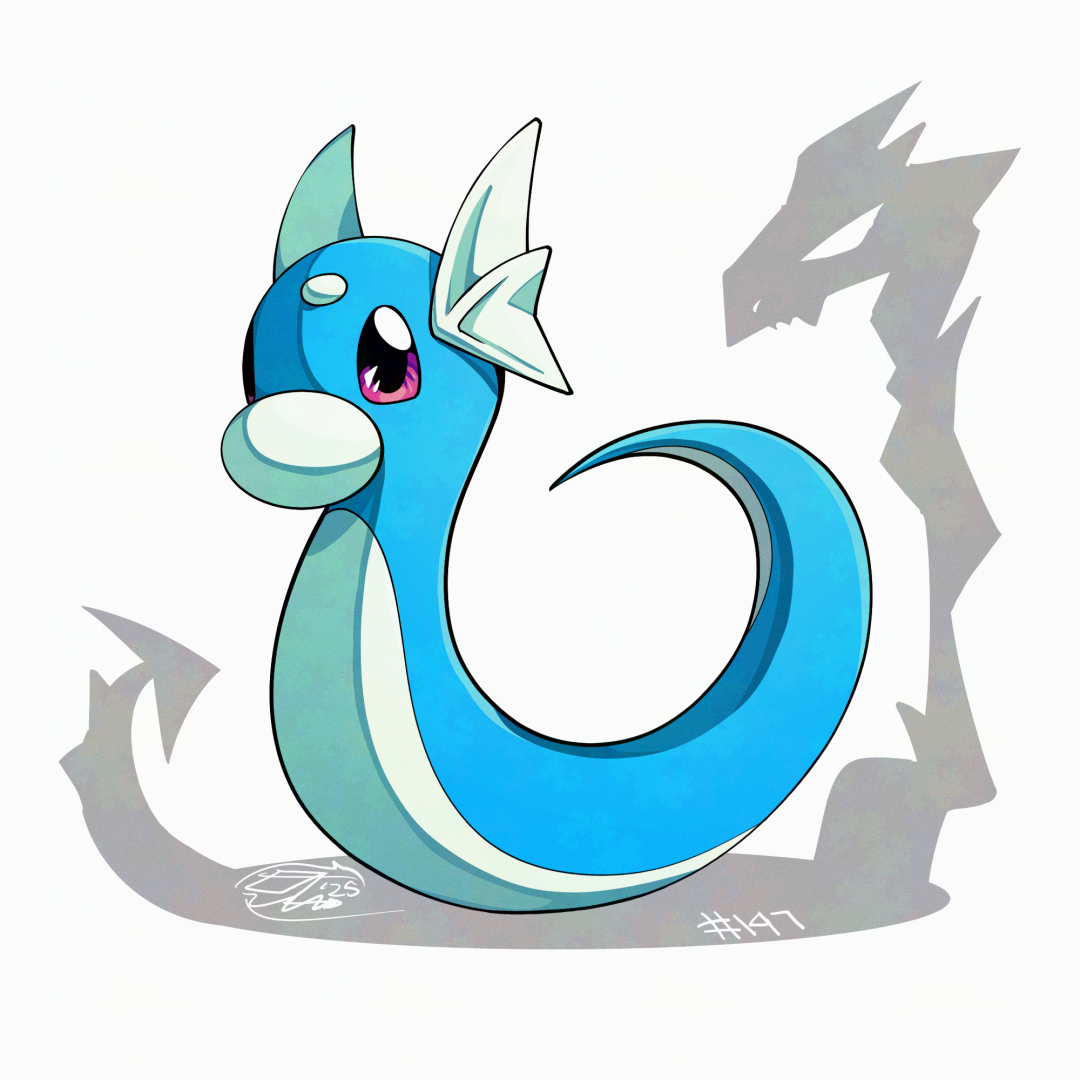 mistray-art, dratini, nintendo, pokemon, blue skin, colored skin, full body, gen 1 pokemon, looking at viewer, multicolored skin, no humans, numbered, pokemon (creature), purple eyes, signature, simple background, solo, two-tone skin, white background, white skin
