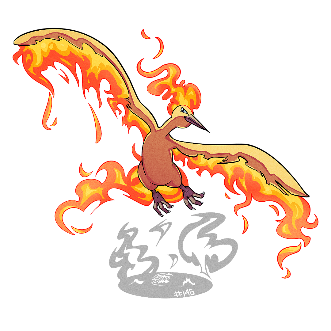 mistray-art, moltres, nintendo, pokemon, beak, bird, fire, flying, full body, gen 1 pokemon, legendary pokemon, looking at viewer, no humans, numbered, pokemon (creature), signature, simple background, solo, white background