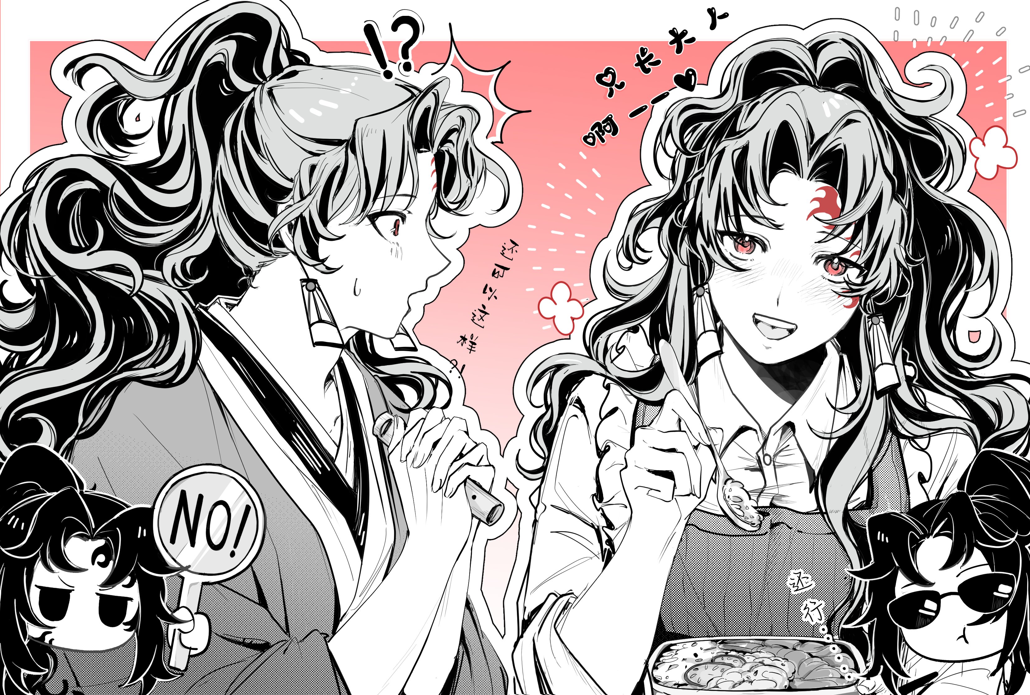 tsugikuni michikatsu, tsugikuni yoriichi, kimetsu no yaiba, absurdres, highres, translation request, 2boys, apron, border, chibi, earrings, food, hanafuda, hanafuda earrings, haori, holding, holding sign, holding spoon, japanese clothes, jewelry, looking at viewer, male focus, multiple boys, open mouth, partially colored, pink background, profile, red eyes, red tattoo, shirt, sign, skswnk hdjso, smile, spoon, sunglasses, sweatdrop, teeth, trap, upper teeth only, white border