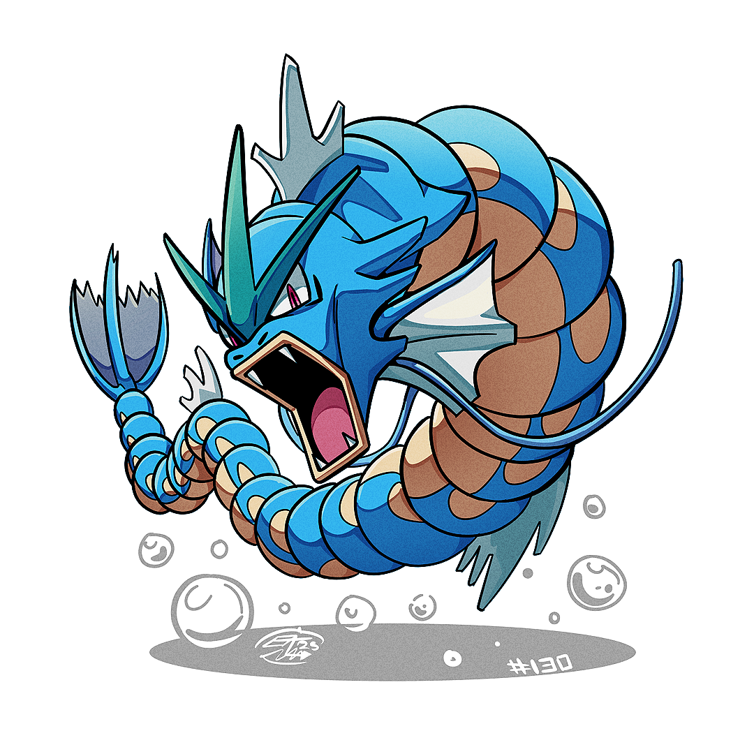 mistray-art, gyarados, nintendo, pokemon, bubble, fangs, full body, gen 1 pokemon, looking at viewer, no humans, numbered, open mouth, pokemon (creature), red eyes, sea serpent, signature, simple background, solo, white background
