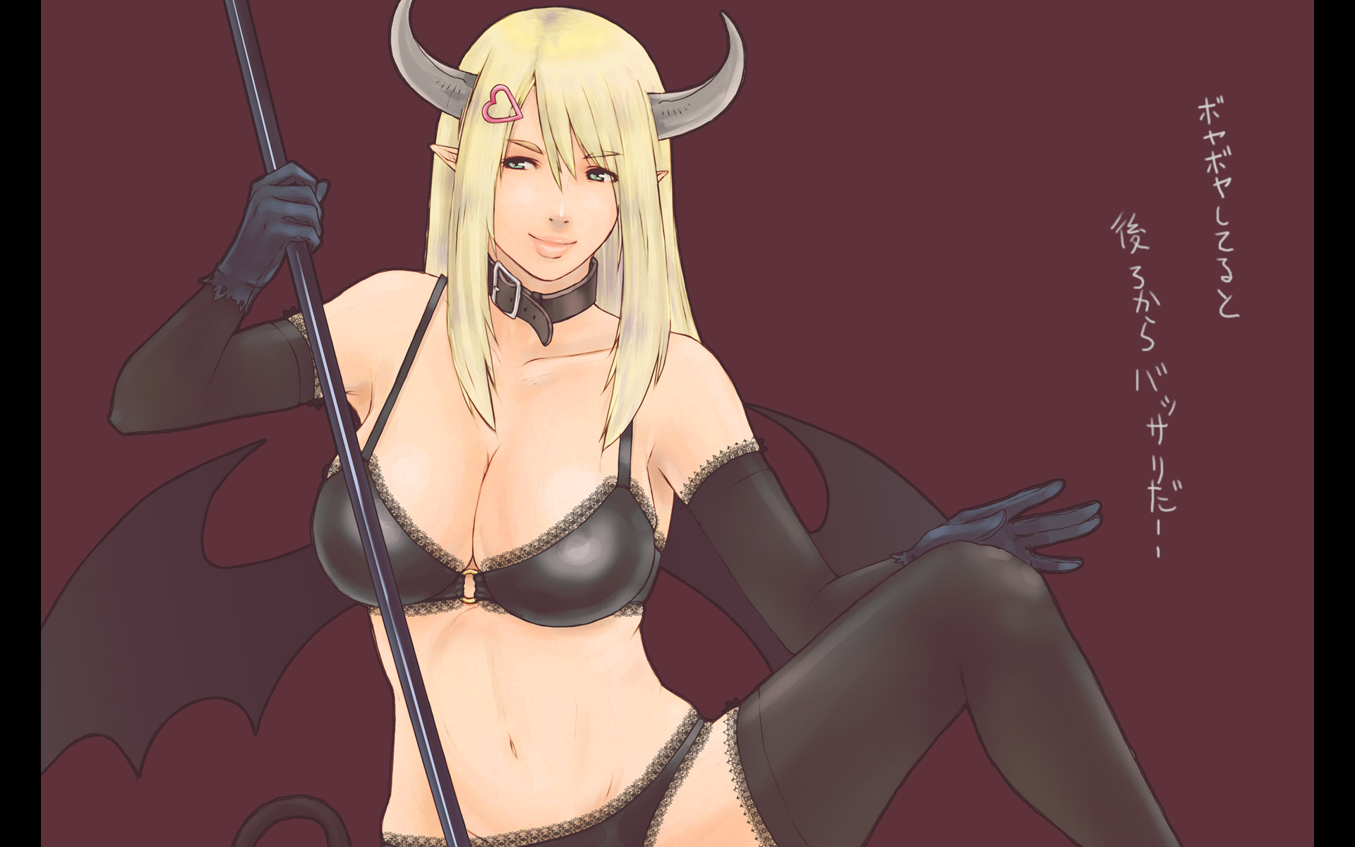 alva, highres, 1girl, blonde hair, bra, breasts, female focus, green eyes, horns, lingerie, long hair, panties, pointy ears, solo, underwear, underwear only