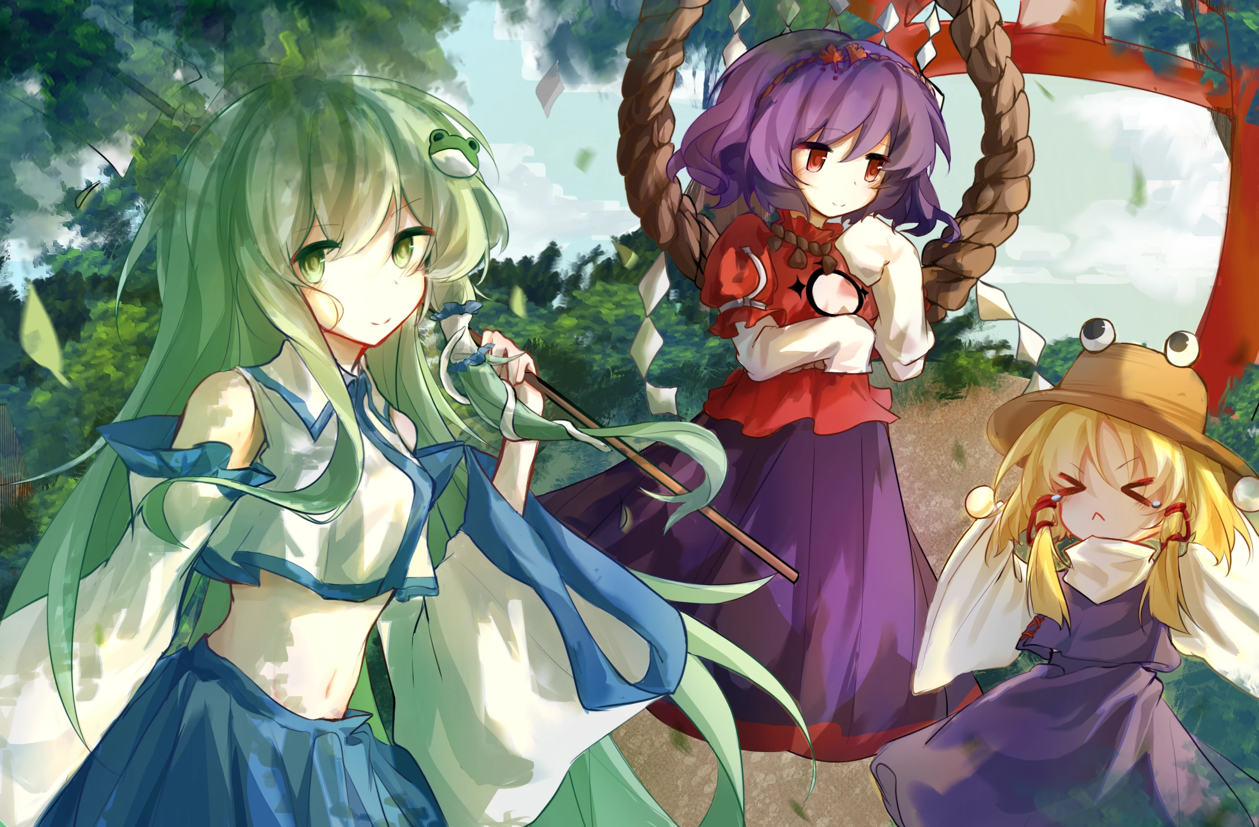 kochiya sanae, moriya suwako, yasaka kanako, touhou, chinese commentary, highres, blonde hair, blue eyes, blush, breasts, detached sleeves, frog hair ornament, green eyes, green hair, hair ornament, hair ribbon, hair tubes, hat, long hair, long sleeves, looking at viewer, mirror, multiple girls, open mouth, purple hair, red eyes, ribbon, rope, shimenawa, shirt, short hair, skirt, smile, snake hair ornament, tao shi jiu yin, wide sleeves
