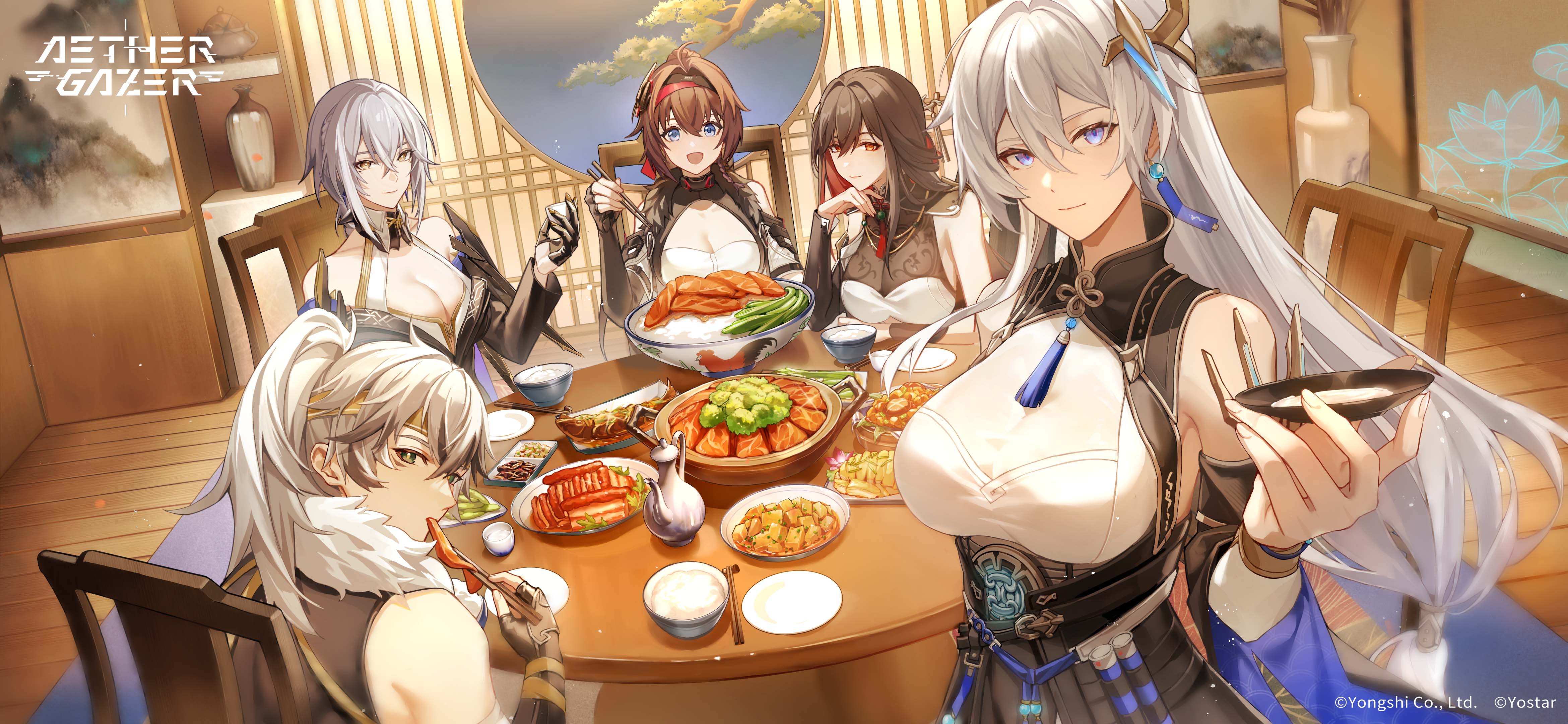 gengchen (aether gazer), lingguang (aether gazer), aether gazer, absurdres, artist request, character request, highres, official art, 5girls, ahoge, black gloves, blue eyes, bowl, breasts, brown hair, chair, chopsticks, cleavage, colored inner hair, copyright name, copyright notice, earrings, eating, food, gloves, green eyes, grey hair, holding, holding chopsticks, jewelry, long hair, multicolored hair, multiple girls, plate, red eyes, red hair, rice, sitting, tassel, wooden floor