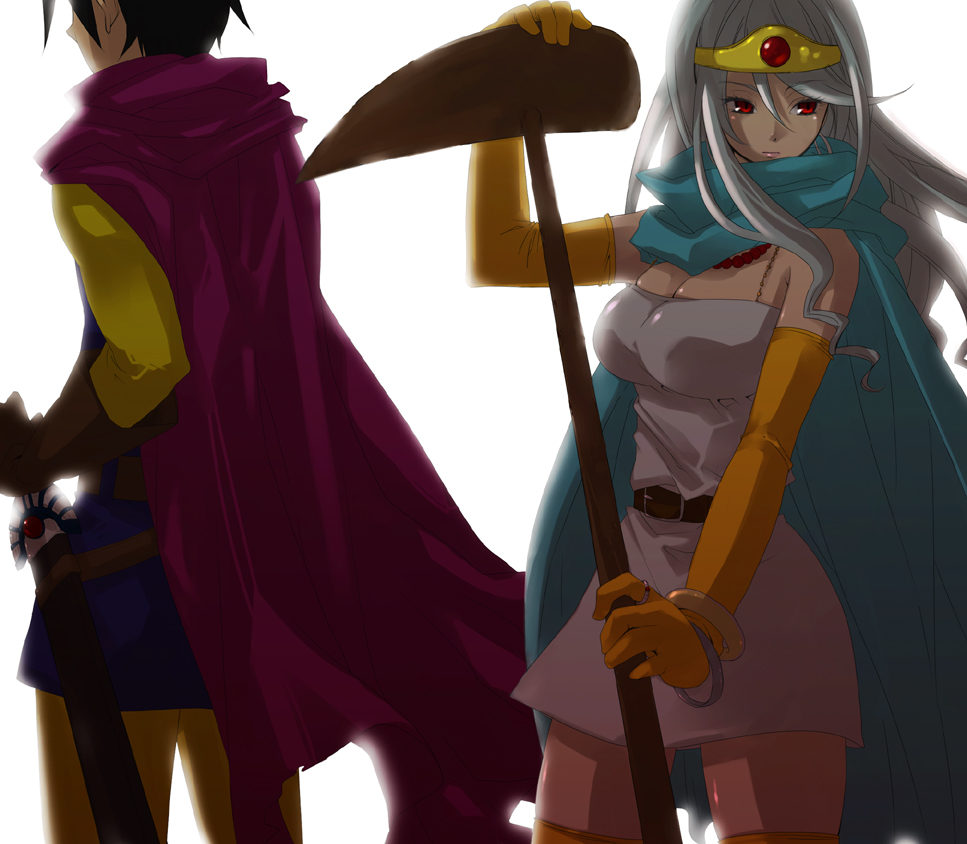 hidaka ryou, roto (dq3), sage (dq3), chunsoft, dragon quest, dragon quest iii, enix, bad id, bad pixiv id, 1boy, 1girl, black hair, breasts, cape, circlet, elbow gloves, facing away, facing viewer, gloves, grey hair, jewelry, large breasts, long hair, looking to the side, necklace, red eyes, short hair, staff, sword, weapon