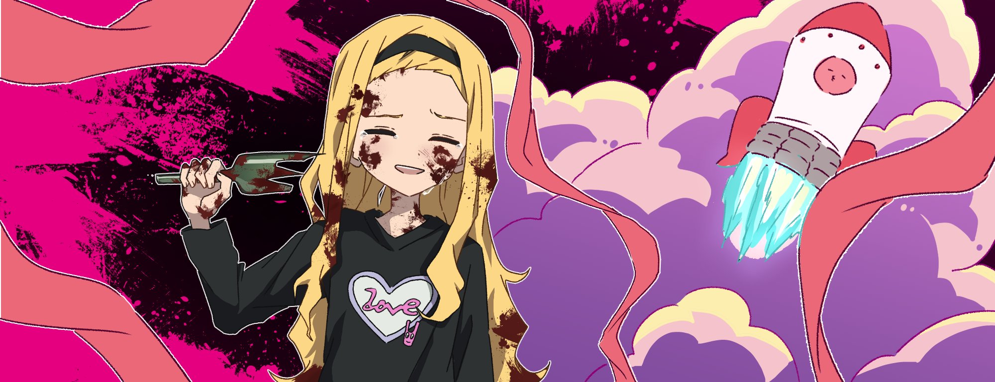 daikon keroi, kirarazaka marina, takopii, takopii no genzai, highres, 1girl, blonde hair, blood, blood in hair, blood on face, broken bottle, closed eyes, crying, long hair, shirt, smile, solo, t-shirt