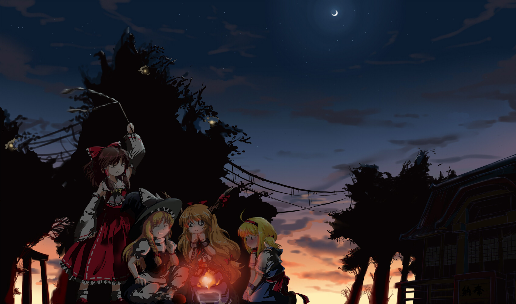 aruru no zaki, alice margatroid, hakurei reimu, ibuki suika, kirisame marisa, shanghai doll, touhou, silver hair, highres, 4girls, bare shoulders, blonde hair, bow, brown hair, building, detached sleeves, dusk, female focus, hair bow, house, long hair, looking at viewer, moon, multiple girls, night, night sky, puffy short sleeves, puffy sleeves, short hair, short sleeves, sky, very long hair, vest