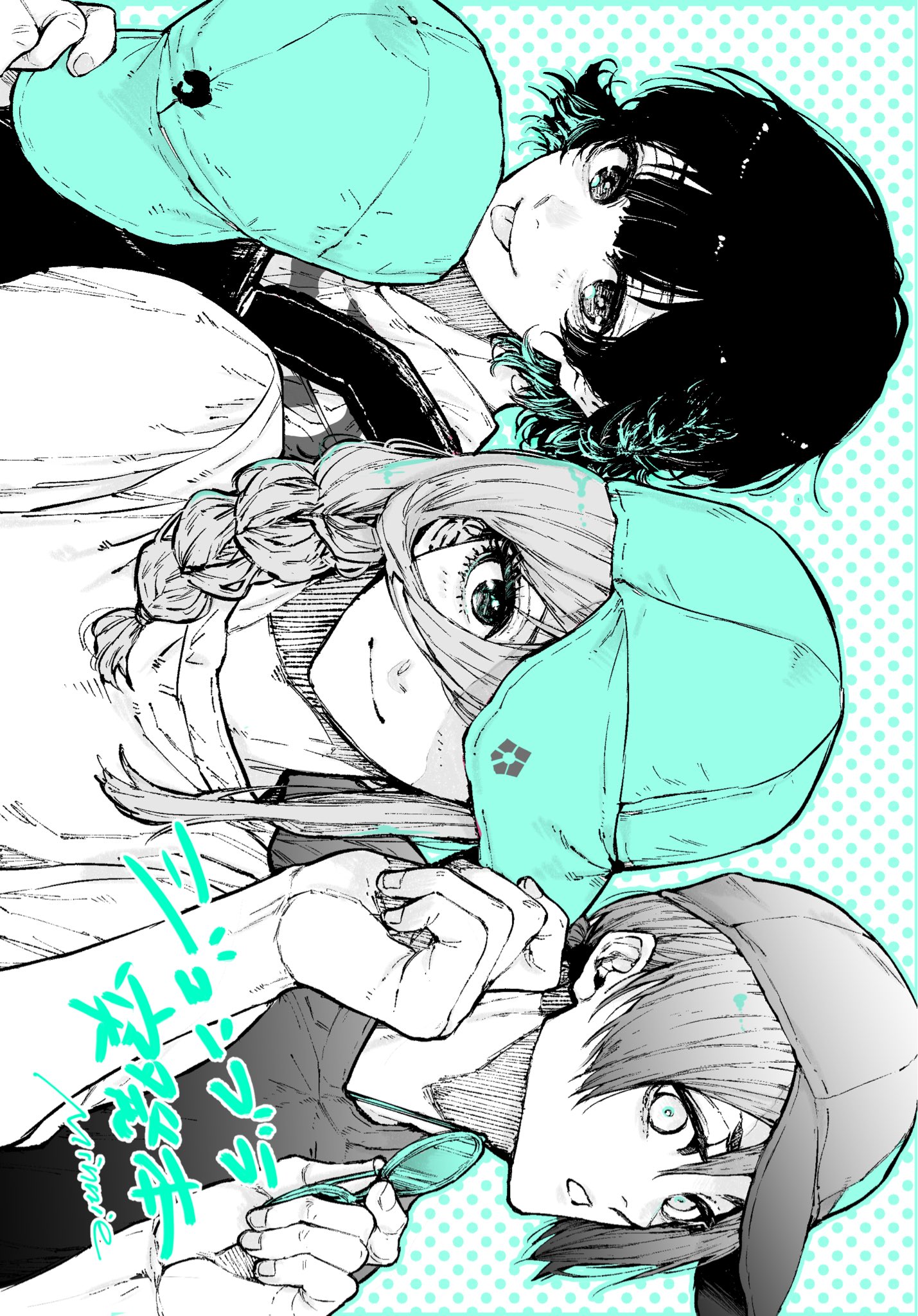 dahlio, bachira meguru, chigiri hyoma, mikage reo, blue lock, commentary request, highres, translation request, 3boys, aqua hat, baseball cap, braid, closed mouth, glasses, hat, long hair, long sleeves, looking at viewer, male focus, multiple boys, polka dot, polka dot background, side braid, sideways, tongue, tongue out, unworn eyewear, upper body
