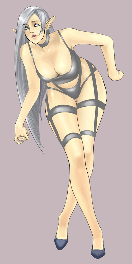 jan kyousuke, kyoukai, 1girl, blue eyes, female focus, grey hair, high heels, legs, long hair, pointy ears, shoes, solo, swimsuit