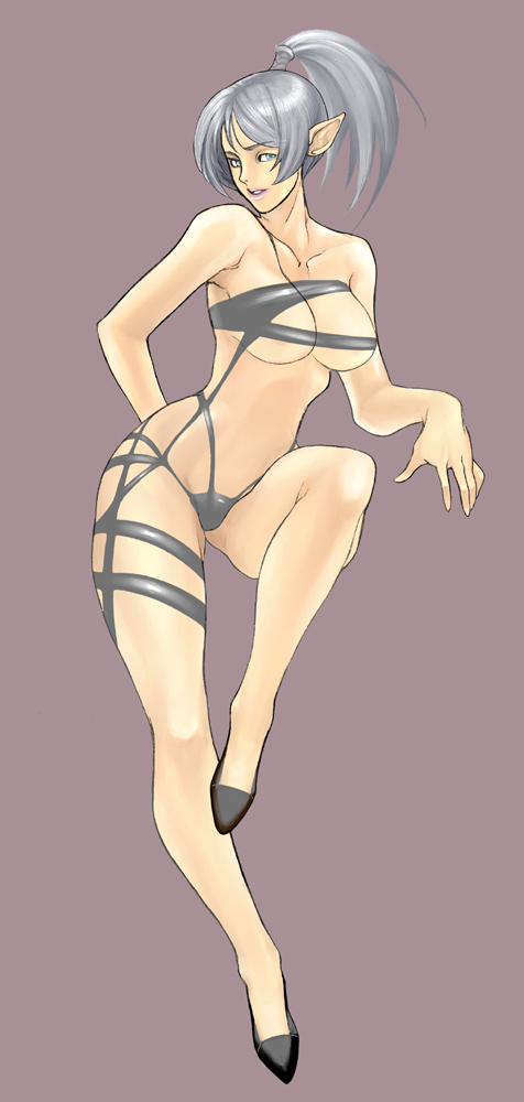 jan kyousuke, kyoukai, 1girl, blue eyes, female focus, grey hair, high heels, legs, long hair, pointy ears, shoes, solo, swimsuit