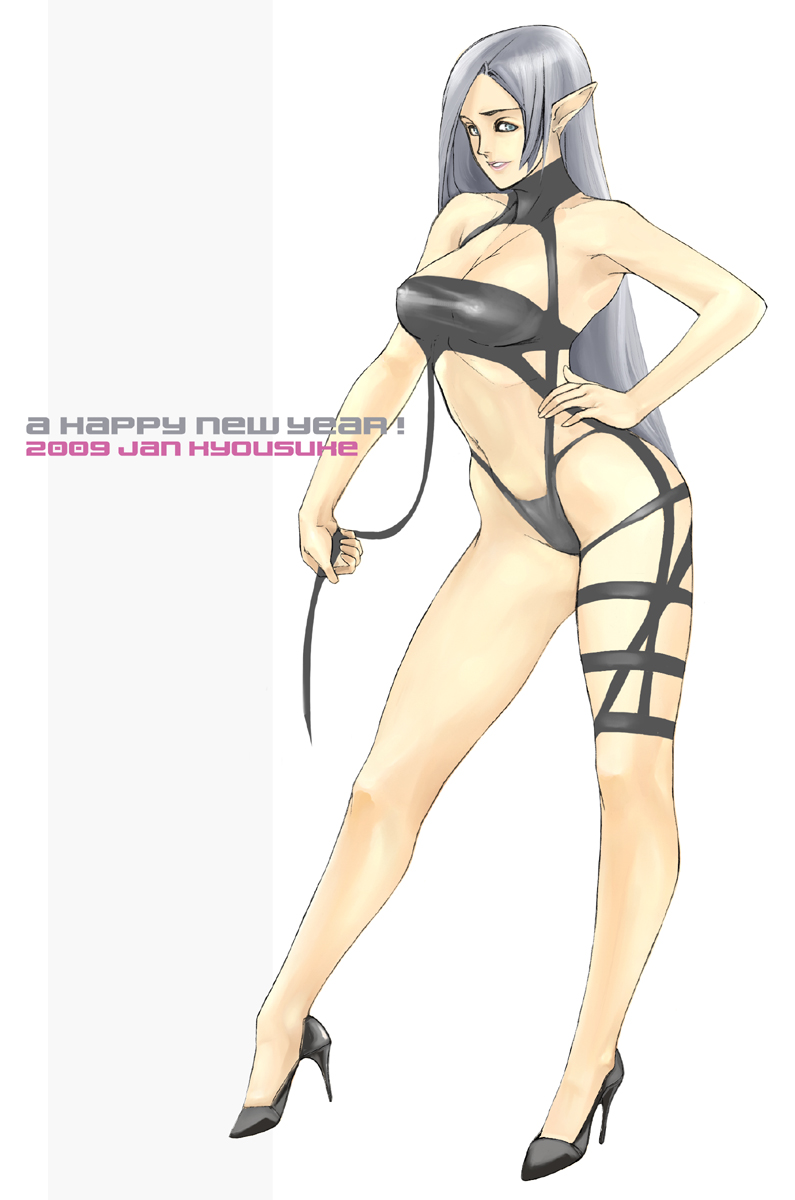 jan kyousuke, kyoukai, highres, 1girl, blue eyes, female focus, grey hair, high heels, legs, long hair, shoes, solo, swimsuit