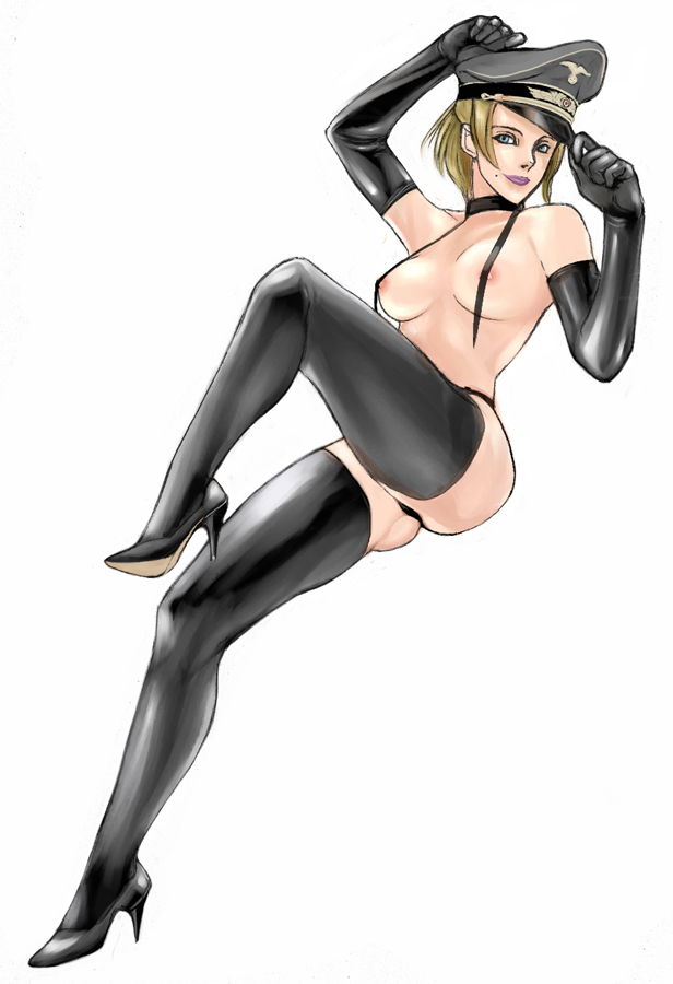 jan kyousuke, kyoukai, 1girl, blonde hair, blue eyes, breasts, female focus, gloves, high heels, latex, latex gloves, naked suspenders, nipples, shoes, solo, suspenders, thighhighs