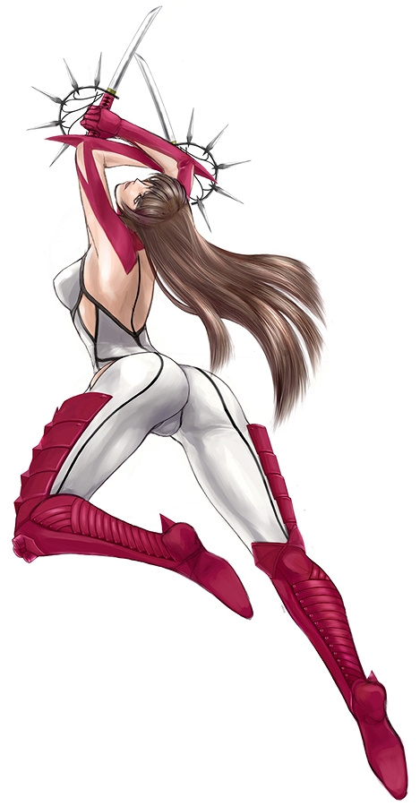jan kyousuke, kyoukai, hibana, kunoichi (game), sega, shinobi (game), 1girl, arched back, armor, ass, back, bodysuit, boots, brown eyes, brown hair, dual wielding, faulds, female focus, floating hair, from behind, from side, full body, greaves, holding, jumping, leg lift, long hair, looking up, ninja, simple background, solo, spikes, spread legs, sword, very long hair, weapon, white background