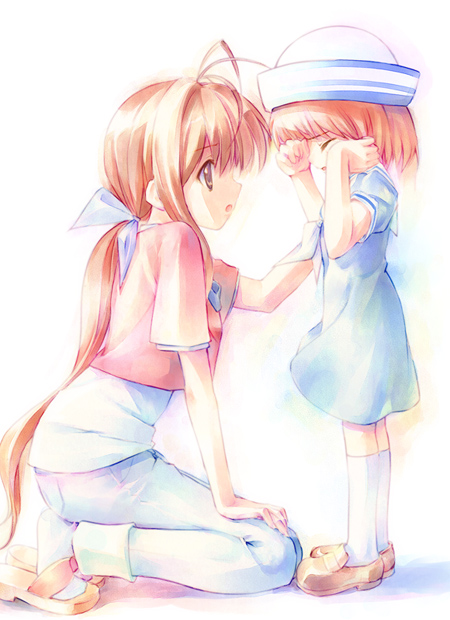 takoyaki (roast), furukawa sanae, okazaki ushio, clannad, 00s, 2girls, antenna hair, brown hair, child, dixie cup hat, dress, feet, female focus, grandchild, grandmother and granddaughter, hat, long hair, military hat, multiple girls, ponytail, sailor collar, sailor dress, sandals, school uniform, socks