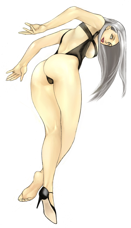 jan kyousuke, kyoukai, 1girl, ass, barefoot, feet, female focus, high heels, kneepits, revealing clothes, shoes, single shoe, solo, thighs