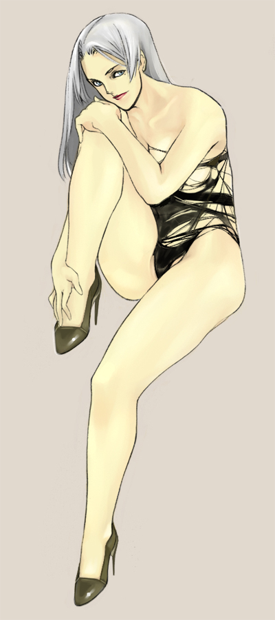jan kyousuke, kyoukai, 1girl, blue eyes, female focus, grey hair, high heels, long hair, shoes, solo, swimsuit