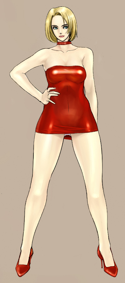 jan kyousuke, kyoukai, 1girl, blonde hair, blue eyes, choker, dress, female focus, full body, hand on own hip, high heels, hip focus, latex, latex dress, legs, panties, pantyshot, pumps, red dress, red skirt, shoes, short dress, simple background, skin tight, skirt, solo, standing, tight clothes, underwear, upskirt