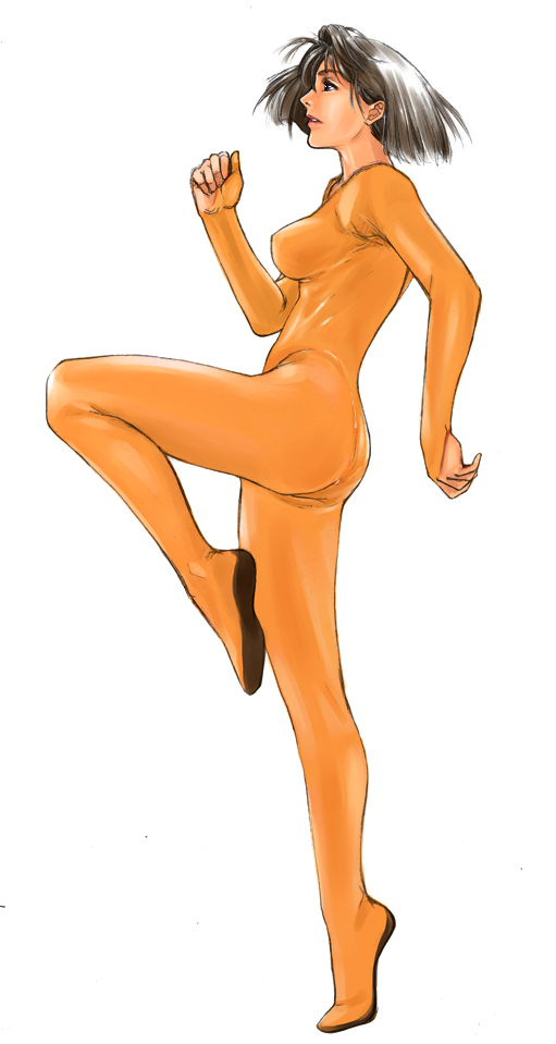 jan kyousuke, kyoukai, copyright request, 1girl, bodysuit, breasts, brown hair, female focus, from side, full body, grey hair, leg up, medium breasts, orange bodysuit, short hair, simple background, skin tight, solo, standing, standing on one leg, tiptoes, white background