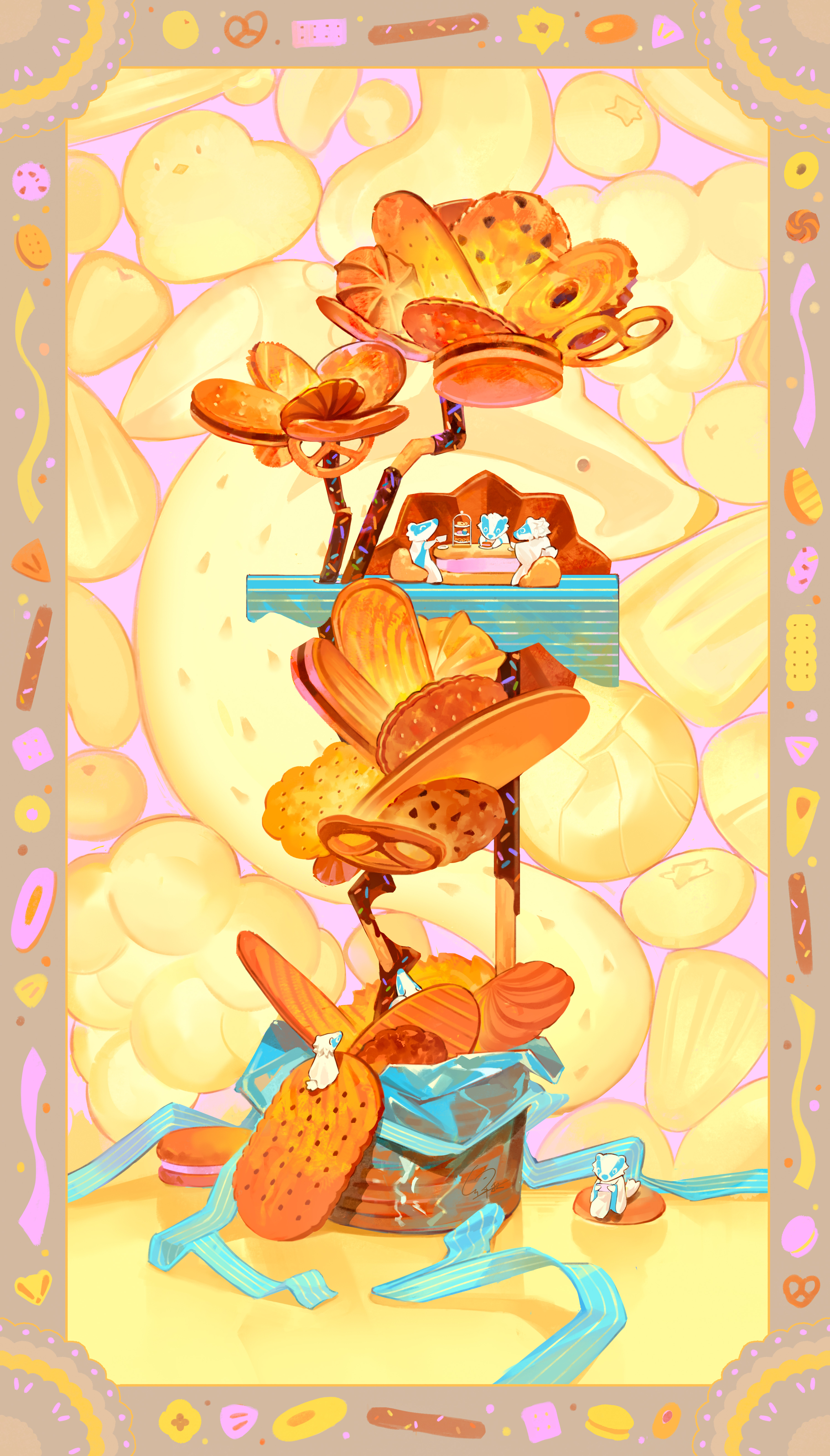 lyuqiu, original, absurdres, commentary, highres, animal, baby animal, badger, bird, border, chick, chocolate-covered food, cookie, cracker, food, fruit, no humans, pretzel cookie, sweets