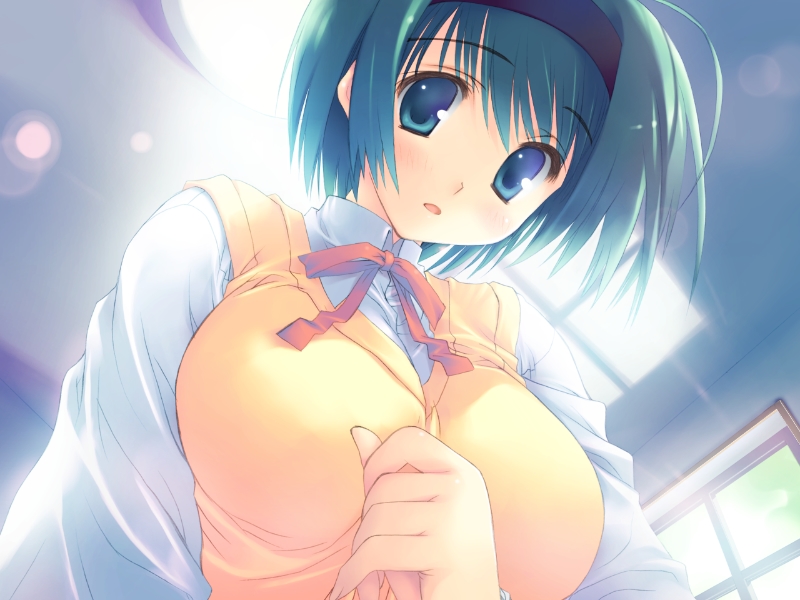 mitsumi misato, yoshioka chie, to heart (series), to heart 2, 00s, ahoge, blue eyes, breasts, green hair, hairband, large breasts, school uniform, serafuku, short hair, solo, sweater vest, vest