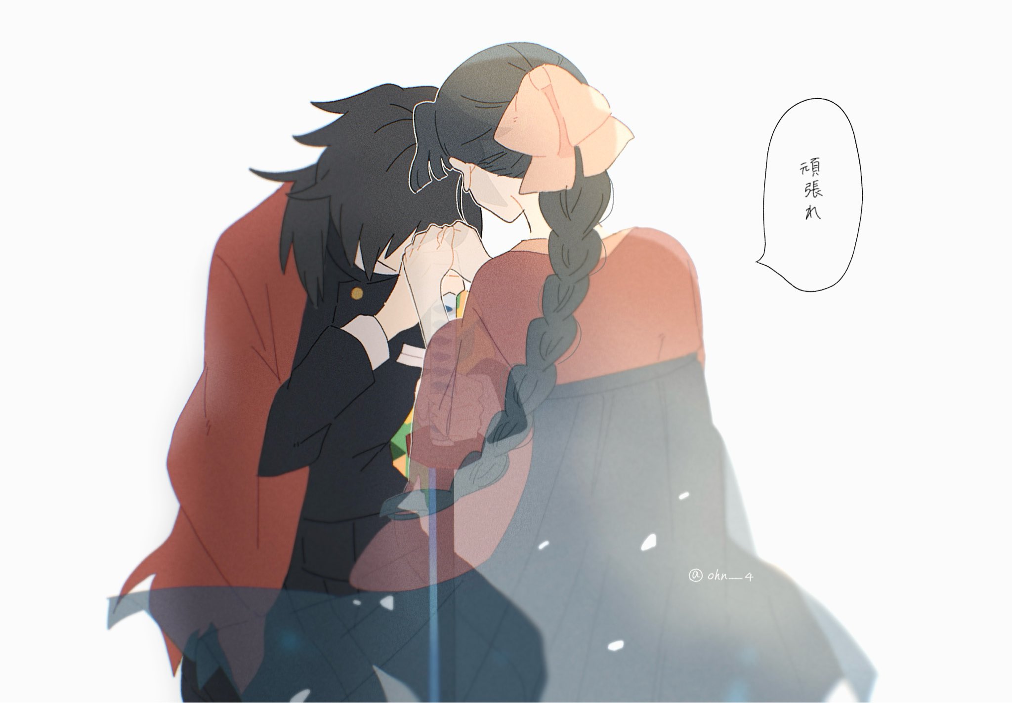 tomioka giyuu, tomioka tsutako, kimetsu no yaiba, highres, translation request, 1boy, black hair, black jacket, black pants, braid, demon slayer uniform, from behind, ghost, haori, high collar, jacket, japanese clothes, kikkoumon, kimono, low ponytail, male focus, o87 426, pants, ponytail, print haori, red haori, red kimono, solo, speech bubble, spiked hair, twitter username, white background