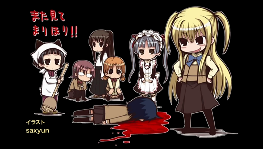 saxyun, dorm leader, inamori yuzuru, kiri nanami, miyamae kanako, momoi sachi, shidou mariya, shinouji matsurika, maria holic, anime screenshot, 00s, 1boy, 6+girls, blood, chibi, dorm mistress, everyone, maid, mole, multiple girls, nosebleed, ponytail, trap, two side up