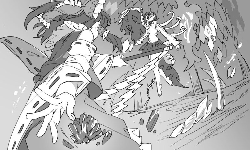 mero (starfish jcs), hakurei reimu, iwanaga ariya, fossilized wonders, touhou, commentary request, 2girls, asymmetrical wings, barefoot, bow, crystal, detached sleeves, eye print, fiery wings, fighting, frilled bow, frilled hair tubes, frills, gohei, greyscale, hair bow, hair tubes, half mask, holding, holding gohei, long hair, long sleeves, mask, mask over one eye, monochrome, multiple girls, ribbon-trimmed sleeves, ribbon trim, skeletal wings, toes, wings