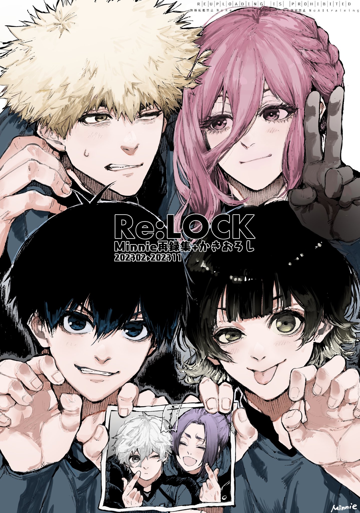 dahlio, bachira meguru, chigiri hyoma, isagi yoichi, kunigami rensuke, mikage reo, nagi seishirou, blue lock, commentary request, highres, redrawn, translation request, 6+boys, alternate hair color, black gloves, black hair, blonde hair, blue eyes, blush, braid, closed eyes, gloves, hair between eyes, holding, holding photo, light blush, long hair, looking at another, looking at viewer, male focus, monochrome, multicolored hair, multiple boys, one eye closed, open mouth, paw pose, photo (object), purple hair, red eyes, red hair, short hair, simple background, smile, streaked hair, teeth, two-tone hair, upper body, v, white background, white hair, white mouth, yaoi, yellow eyes