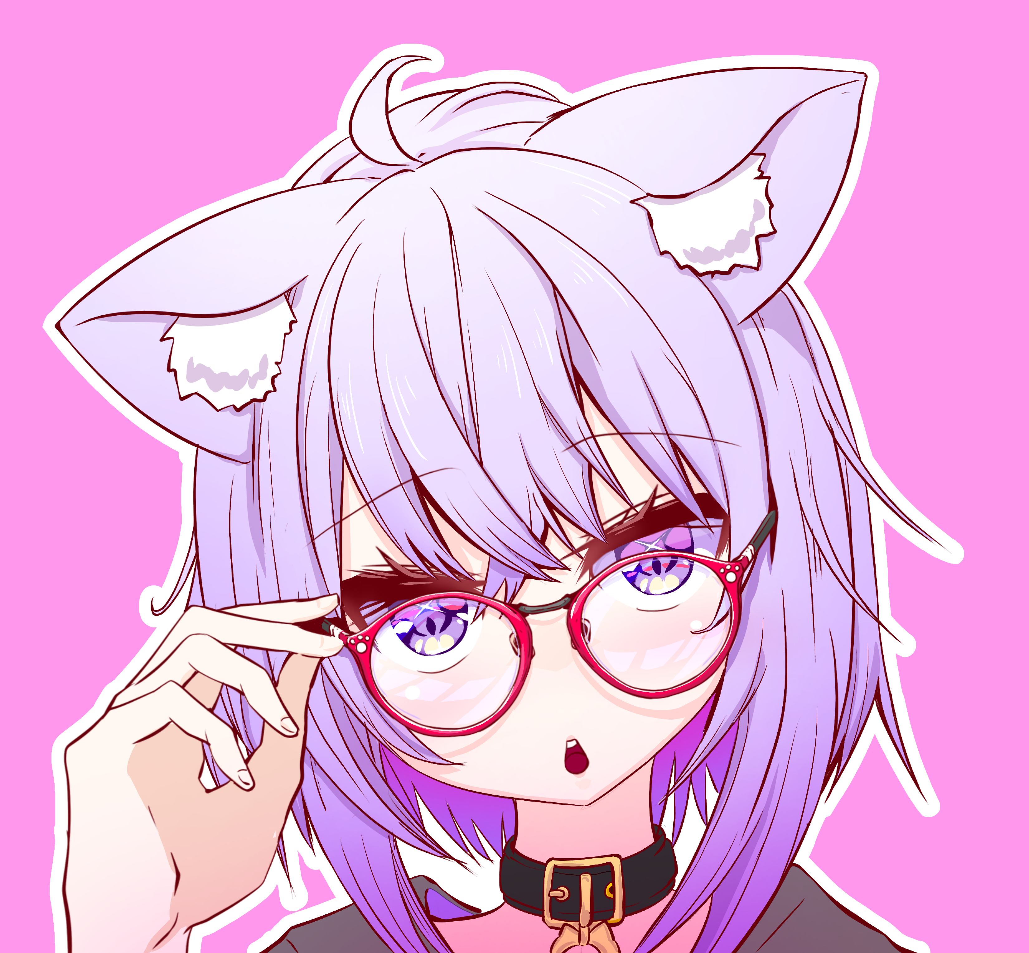 kajimakoto, nekomata okayu, nekomata okayu (1st costume), hololive, absurdres, highres, 1girl, adjusting eyewear, ahoge, animal ear fluff, animal ears, black collar, black hoodie, cat ears, cat girl, collar, glasses, hood, hoodie, medium hair, open mouth, outline, pink background, purple eyes, purple hair, red-framed eyewear, solo, teeth, upper teeth only, virtual youtuber, white outline