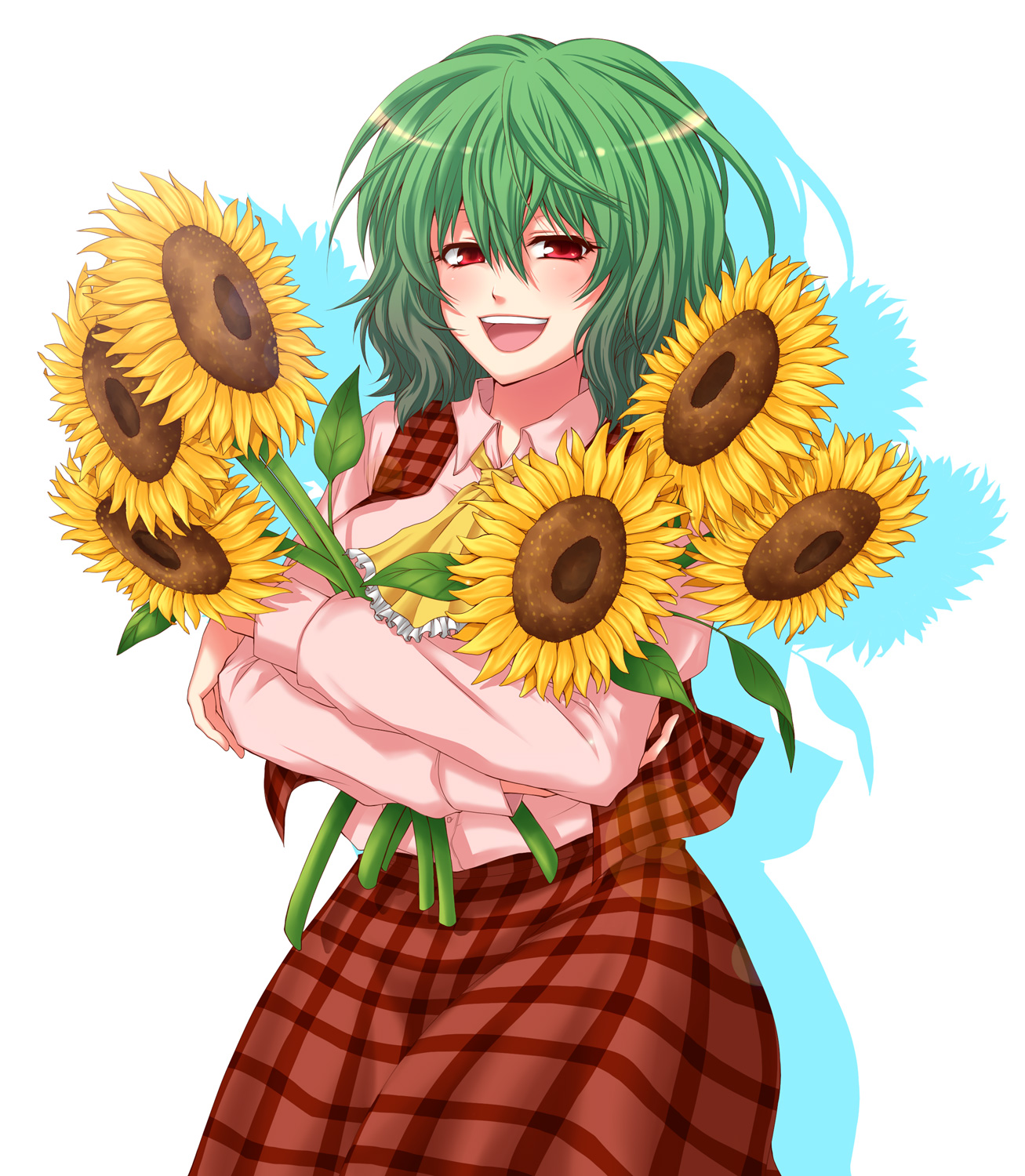 mokku, kazami yuuka, touhou, highres, 1girl, ascot, blush, female focus, flower, green hair, holding, holding flower, open mouth, plaid clothes, plaid skirt, plaid vest, red eyes, short hair, skirt, skirt set, smile, solo, sunflower, vest, white background