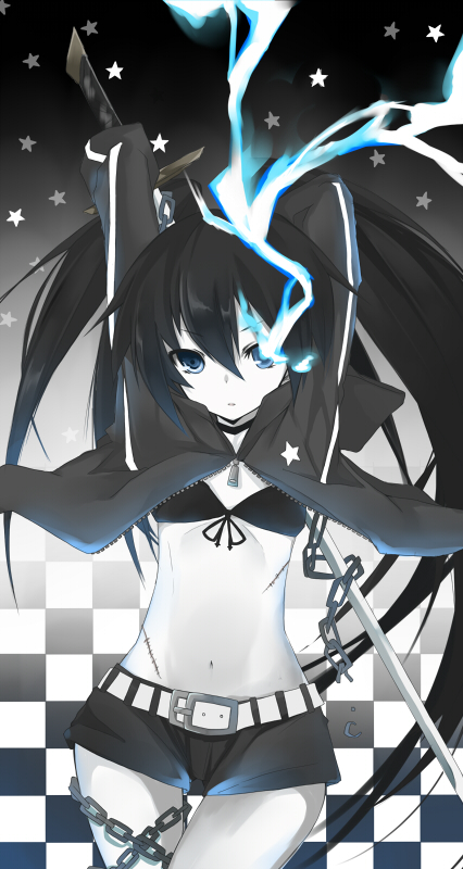 sasaki kouhei, black rock shooter (character), black rock shooter, vocaloid, bad id, bad pixiv id, 10s, 1girl, belt, bikini, bikini top only, black hair, blue eyes, chain, female focus, hood, hoodie, katana, long hair, midriff, monochrome, navel, scar, shorts, solo, spot color, swimsuit, sword, twintails, uneven twintails, weapon, zipper