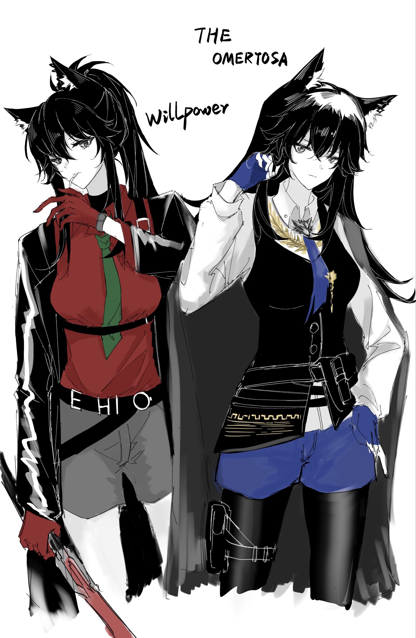 texas (arknights), texas (willpower) (arknights), texas the omertosa (arknights), arknights, highres, unfinished, 1girl, animal ear fluff, animal ears, belt, black belt, black coat, black hair, black pantyhose, black vest, blue gloves, blue shorts, bolo tie, cape, closed mouth, coat, collared shirt, colored skin, cropped legs, fingerless gloves, gloves, green necktie, grey cape, grey eyes, grey shorts, hair between eyes, hand in own hair, hand up, holding, long hair, long sleeves, looking at viewer, lskkdskkd, mouth hold, multiple views, necktie, official alternate costume, open clothes, open coat, pantyhose, red gloves, red shirt, shirt, short shorts, shorts, sidelocks, simple background, standing, vest, white background, white shirt, white skin, wolf ears, wolf girl